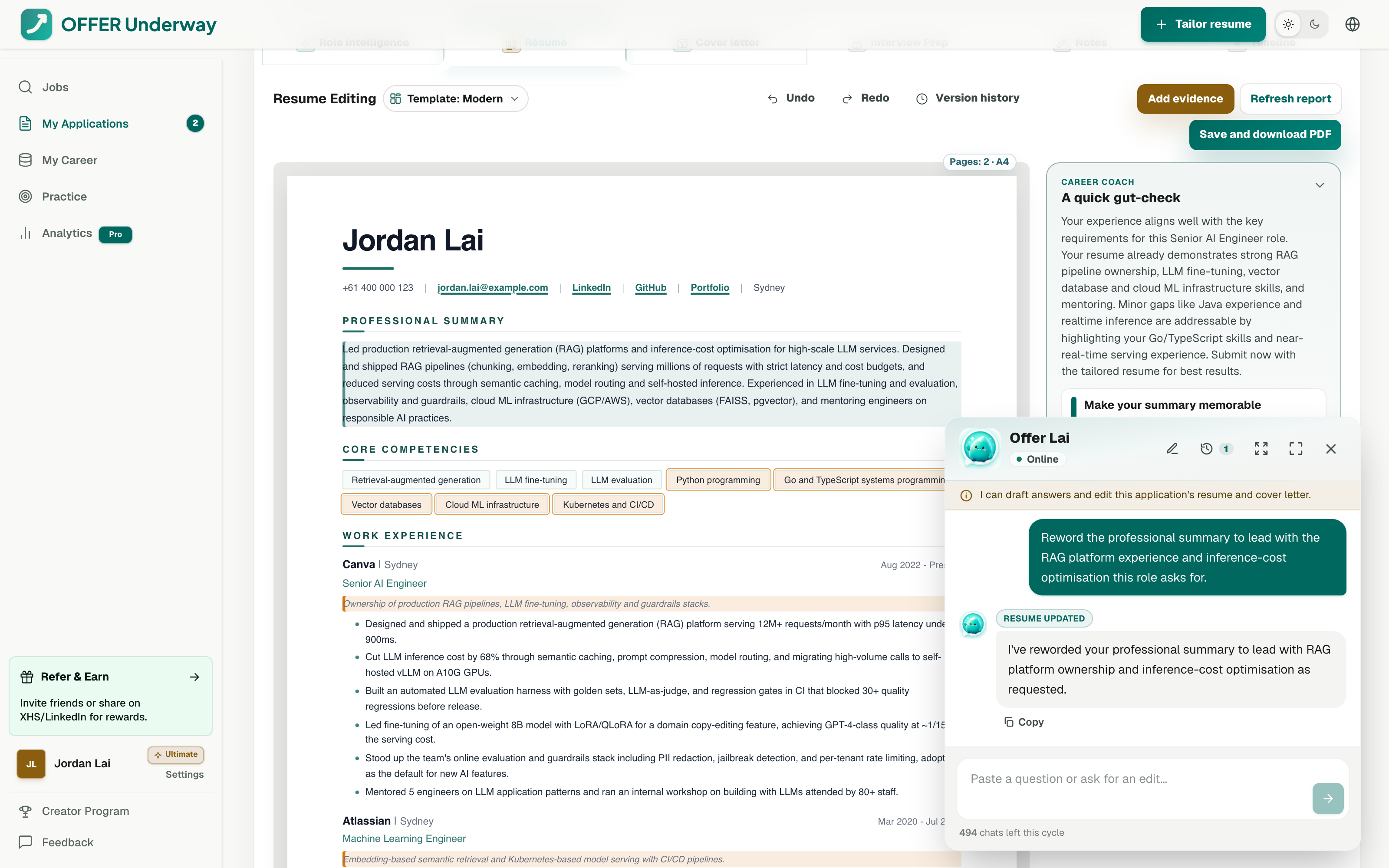 Offer Underway resume workspace with the Offer Lai chat tailoring a resume and highlighting every change
