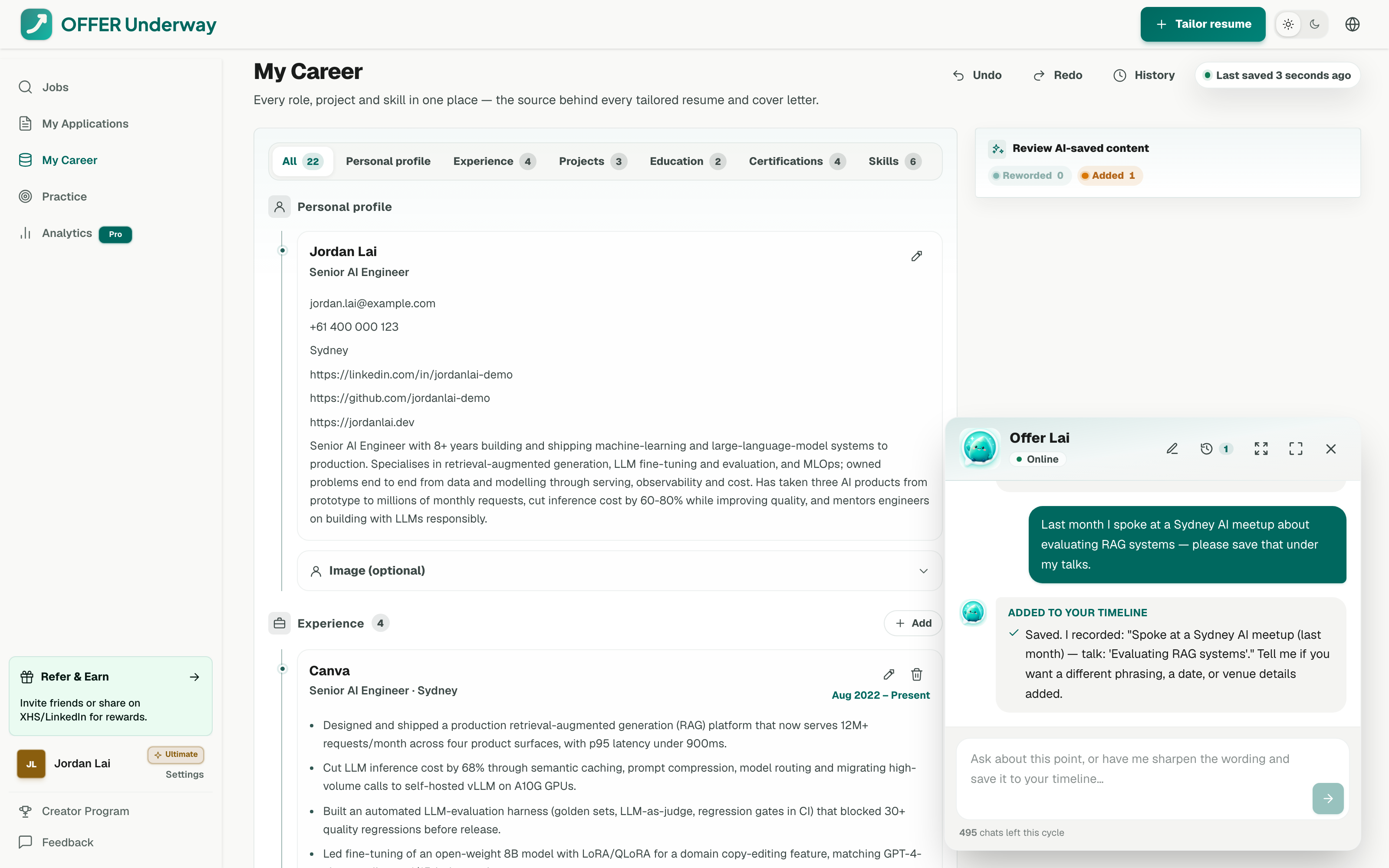 Offer Underway career database with the AI assistant saving new experience for review
