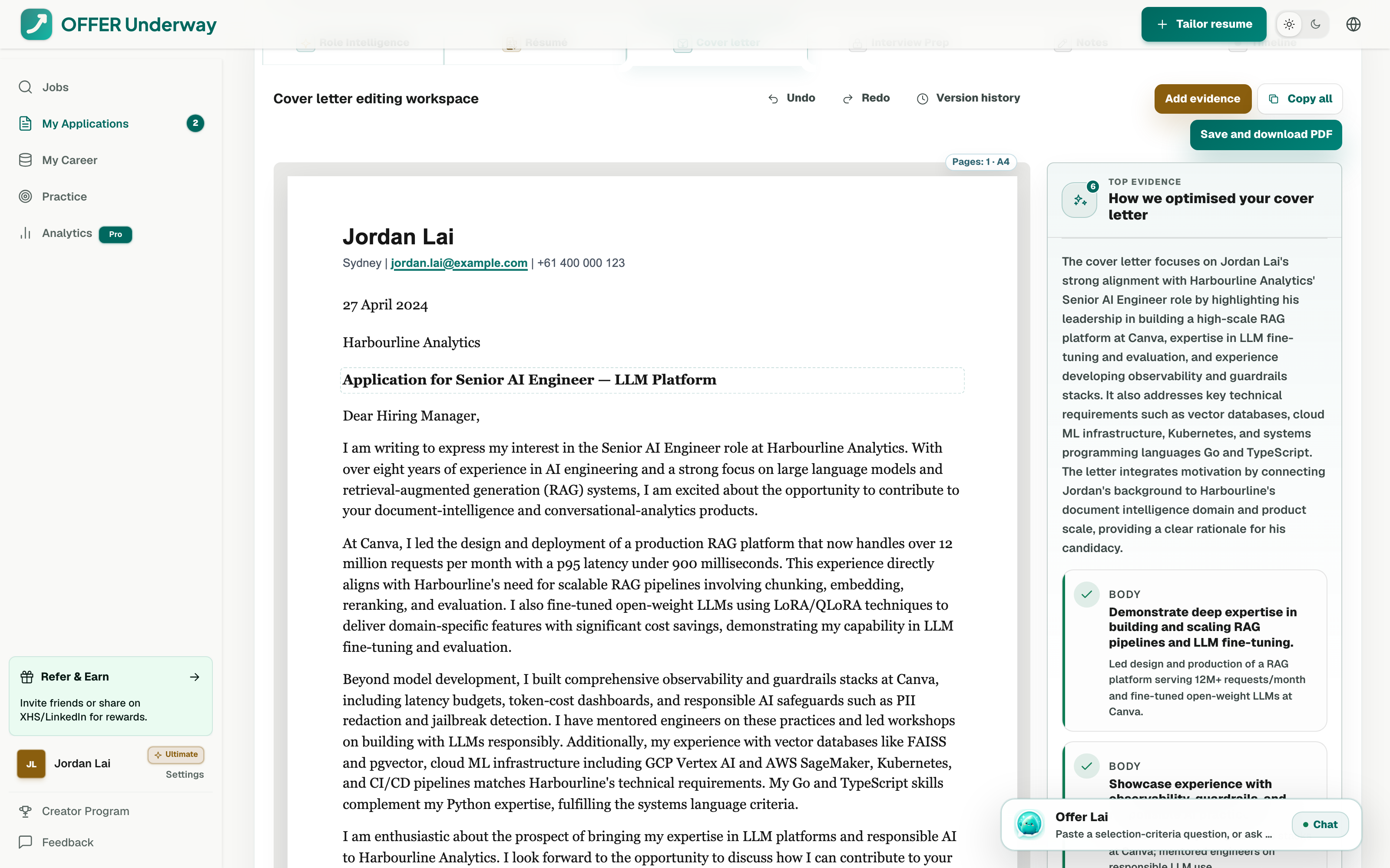Tailored cover letter draft in the Offer Underway editor