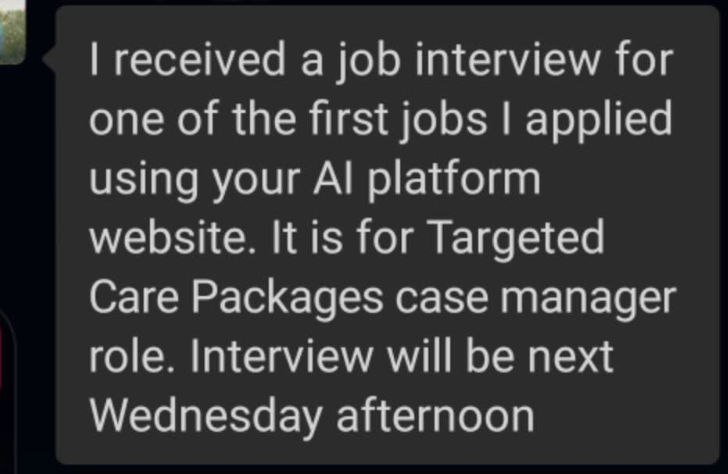 English chat screenshot about receiving an interview for a Targeted Care Packages case manager role after applying with 赫敏职业教练