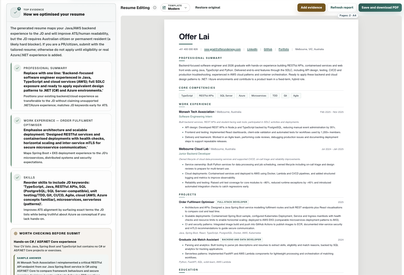 Offer Underway resume editing workspace with optimisation evidence and resume preview