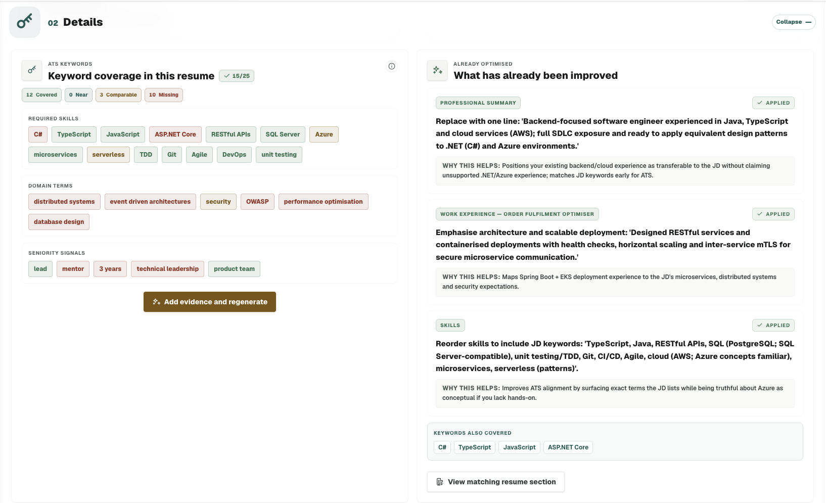 Offer Underway ATS checker showing keyword coverage and already optimised resume improvements