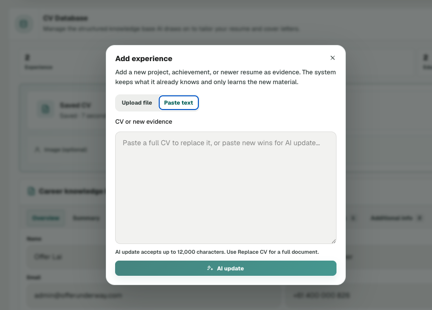 Offer Underway add experience dialog for uploading newer resume versions as source material
