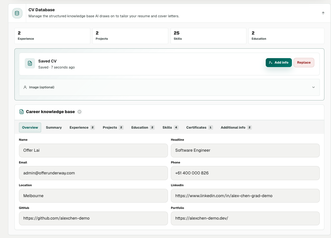 Offer Underway CV Database showing one career experience database used for tailored resumes