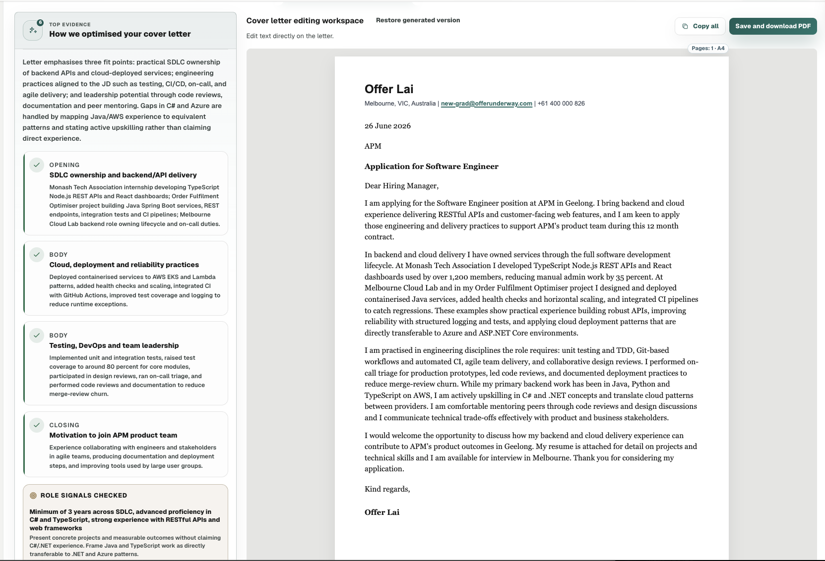 Offer Underway cover letter editing workspace with optimisation evidence and cover letter preview