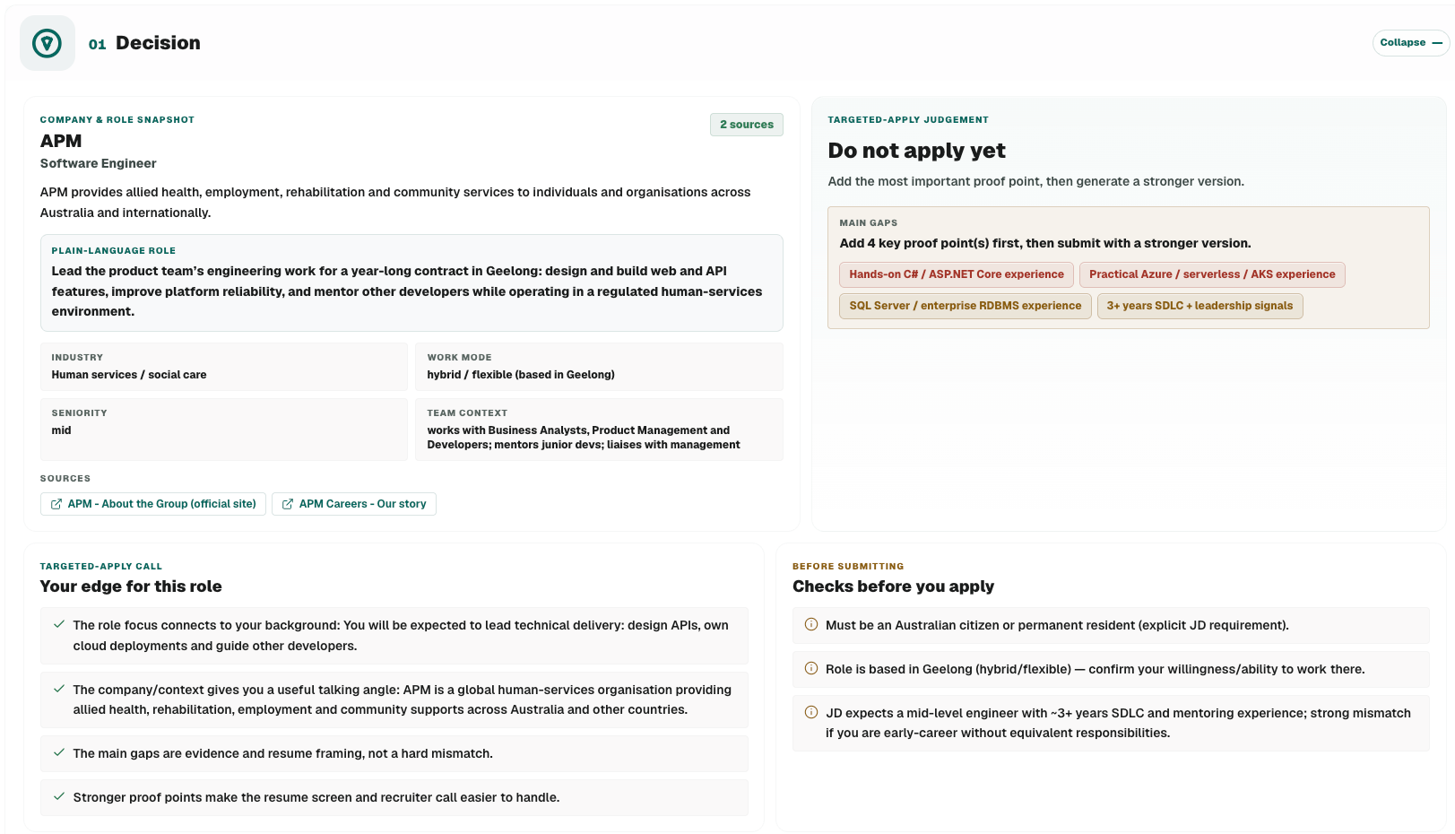 Offer Underway job intelligence decision view with role snapshot and targeted apply judgement