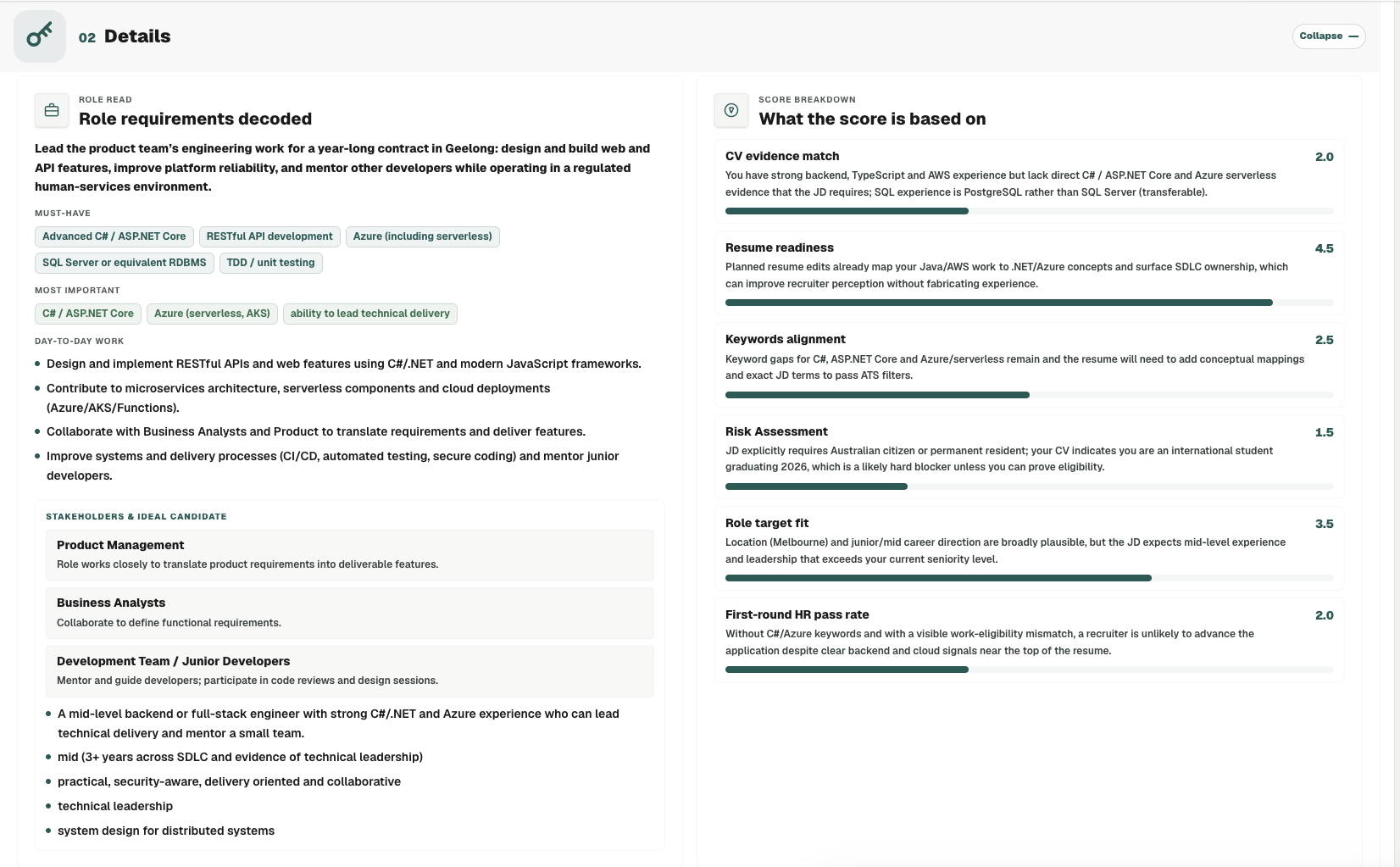 Offer Underway job intelligence details view decoding role requirements and score breakdown