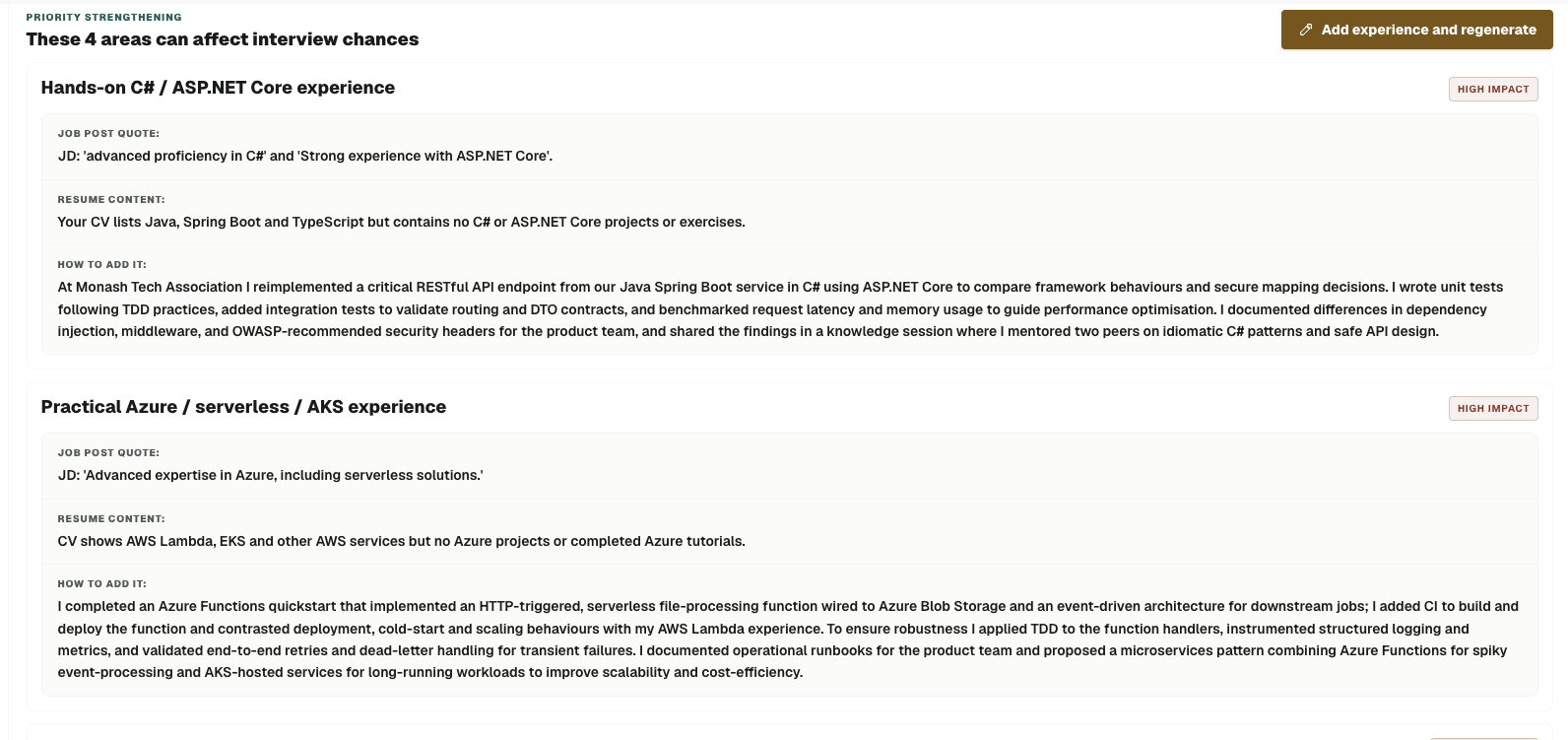 Offer Underway priority strengthening view showing missing evidence areas before applying