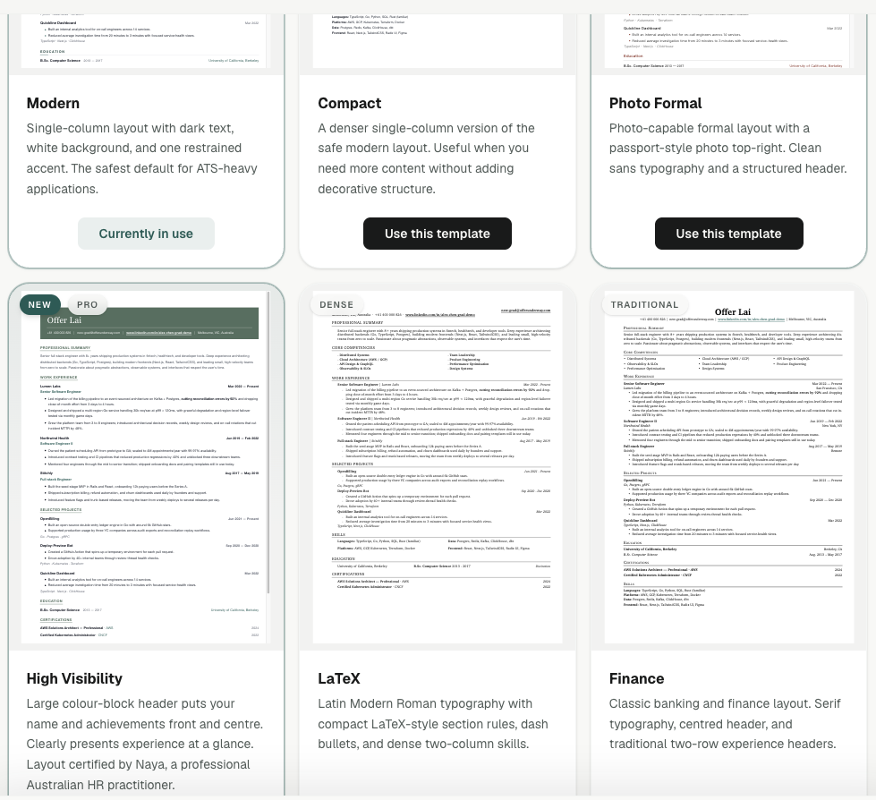 Offer Underway resume template gallery showing modern, compact, photo formal, high visibility, LaTeX, and finance templates