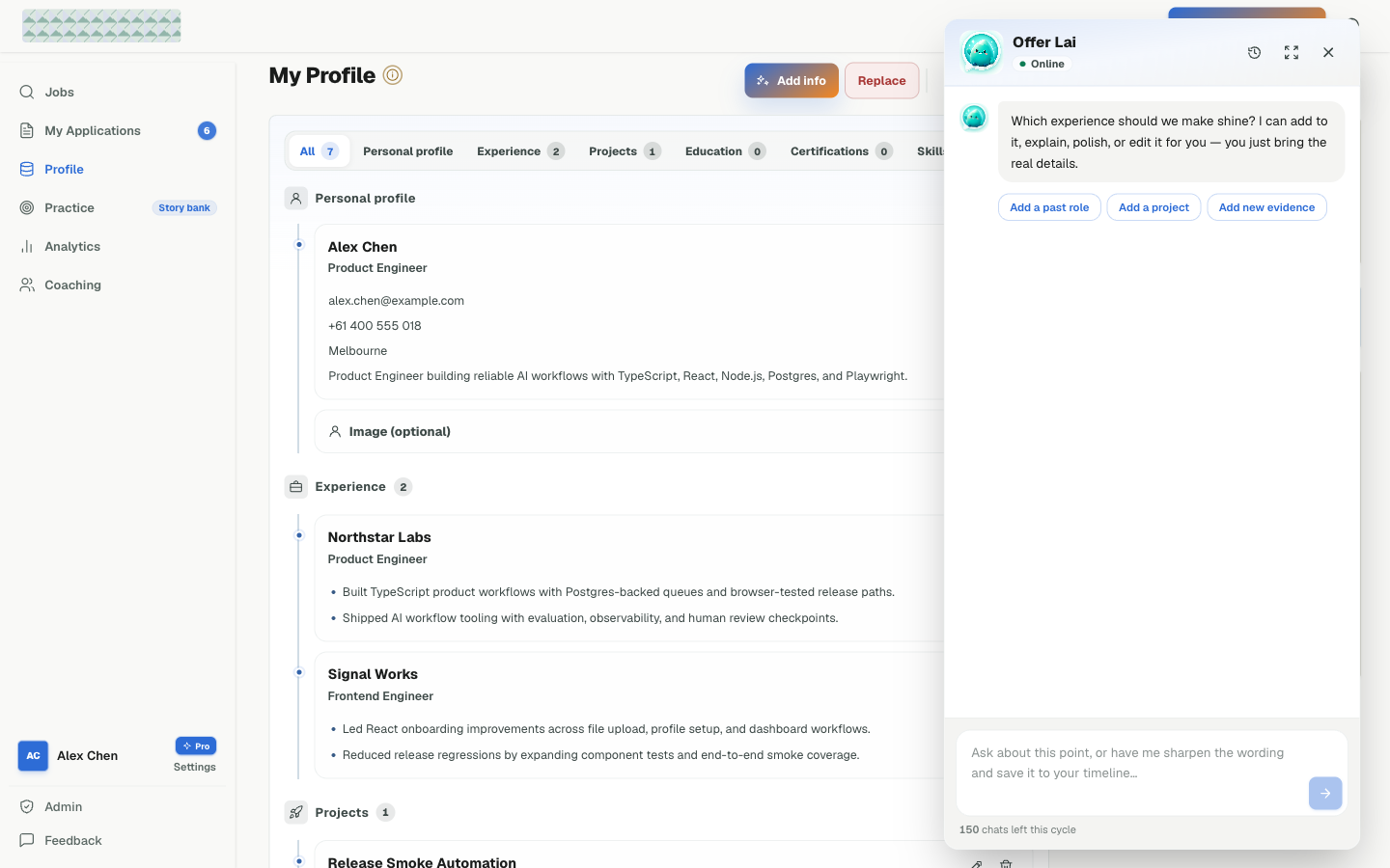 Anonymised partner-branded workspace with the AI career assistant open